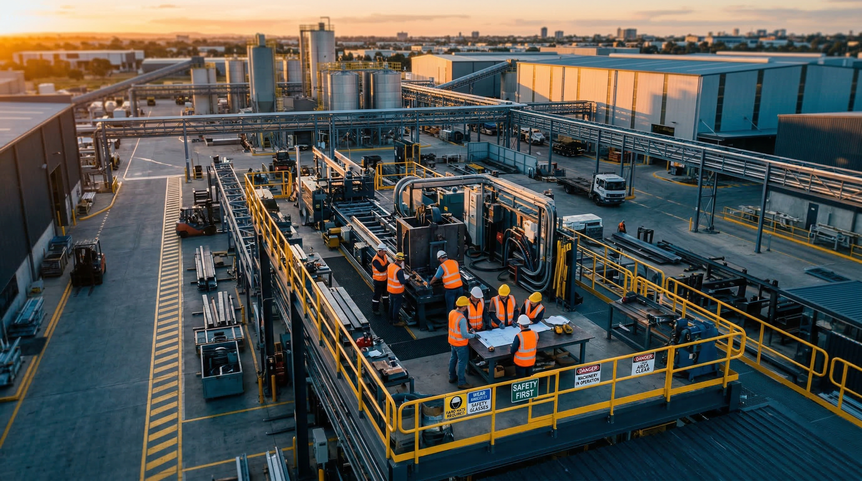Manufacturing workers in safety equipment collaborating at an industrial facility at golden hour