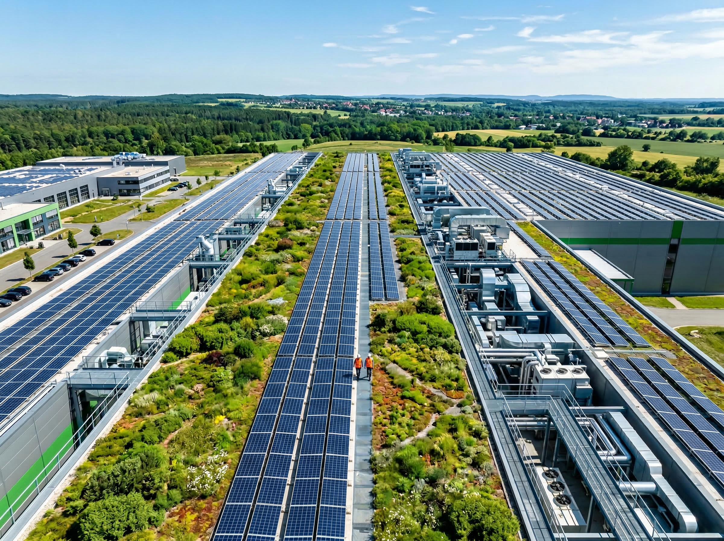 Manufacturing facility with solar panels and green vegetation on rooftop
